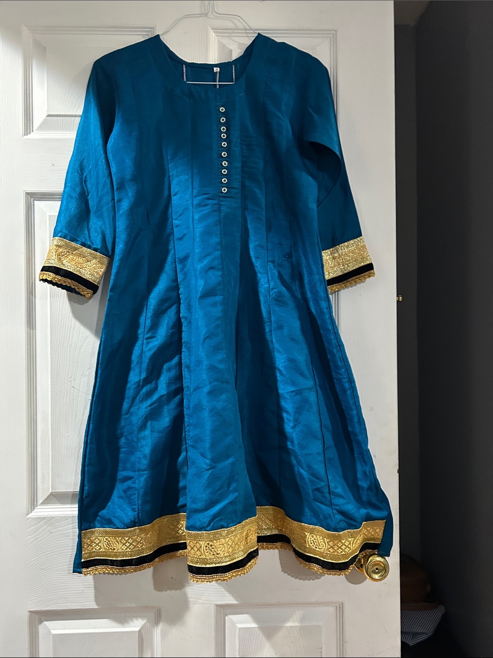 Girls Teal Blue Traditional Pajama Dress with Gold Trim Sz 38